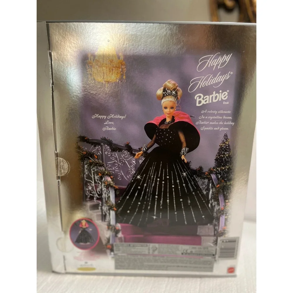 Happy Holidays Barbie Doll 1996 Black Sparkle‎ Gown Pink Cape Tiara Collector